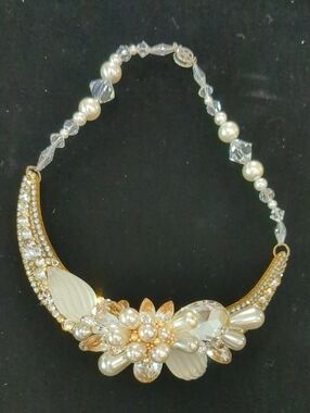 Gold Pearl & Crystal Floral Statement Necklace